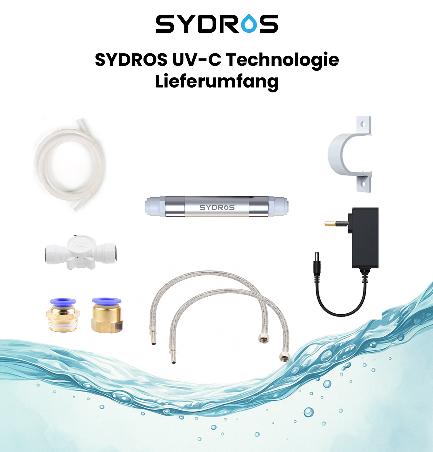 Lieferumfang des SYDROS UV-C Wasserfiltersystems mit LED-Sterilisationseinheit, Netzteil, Schläuchen, Anschlüssen und Halterungen für einfache Installation.