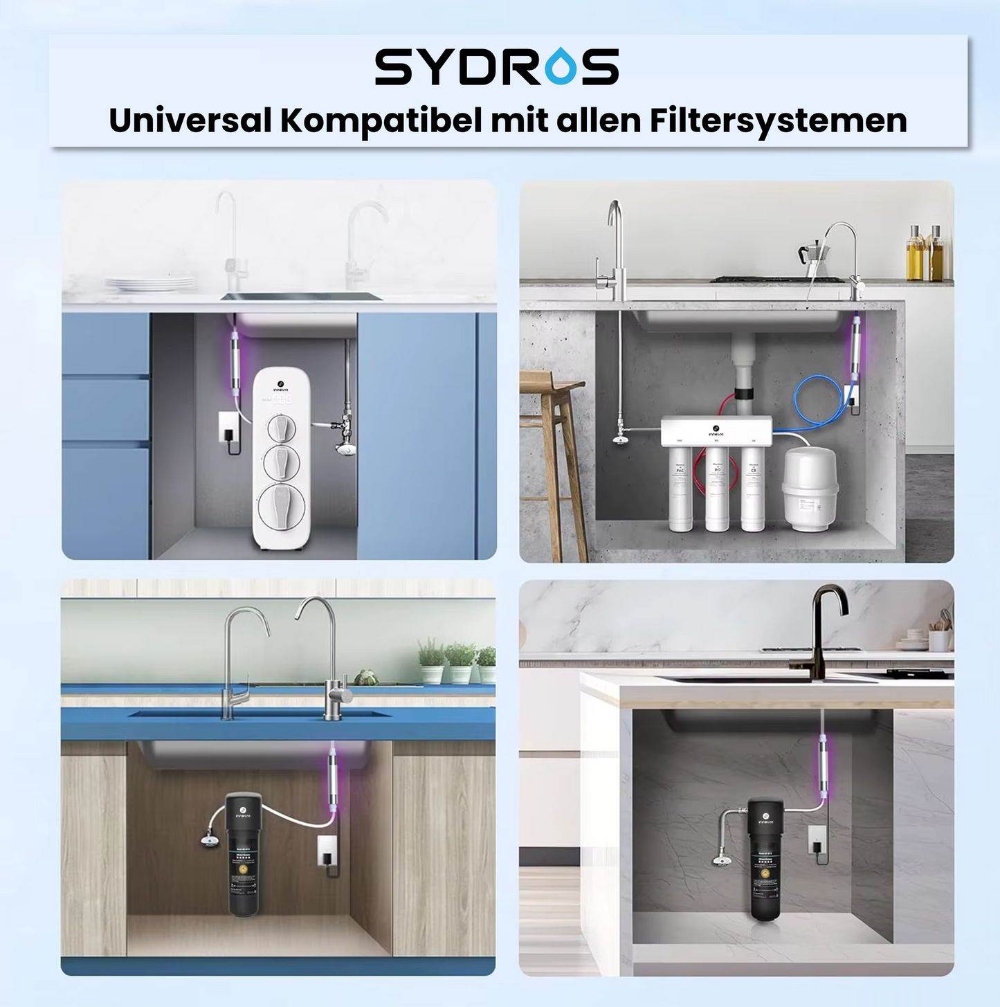 SYDROS UV-C Lampe installiert unter verschiedenen Spülen – universell kompatibel mit allen gängigen Wasserfiltersystemen.