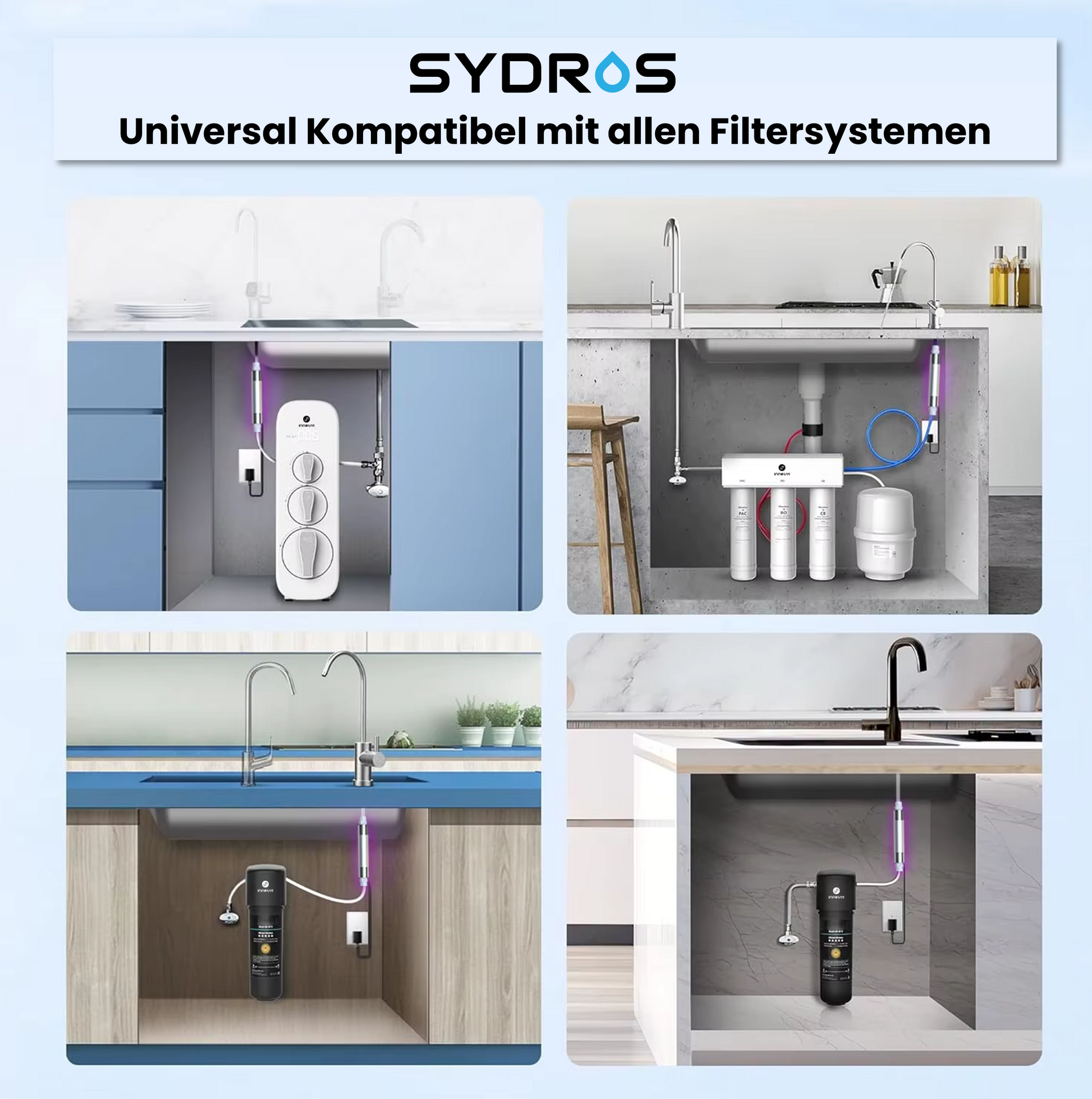 SYDROS UV-C Lampe installiert unter verschiedenen Spülen – universell kompatibel mit allen gängigen Wasserfiltersystemen.