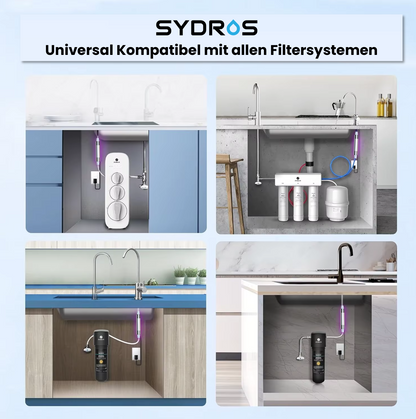 SYDROS UV-C Lampe installiert unter verschiedenen Spülen – universell kompatibel mit allen gängigen Wasserfiltersystemen.