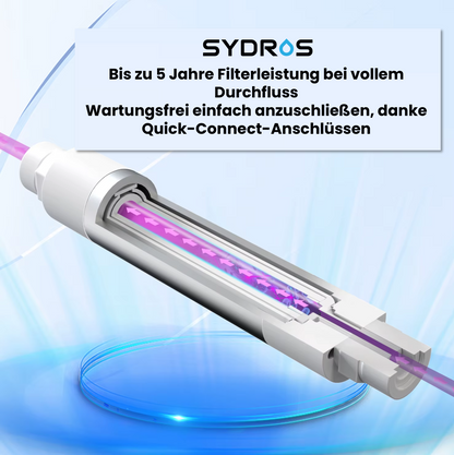 Aufgeschnittene SYDROS UV-C Lampe mit violettem Lichtstrahl; Text: „Bis zu 5 Jahre Filterleistung, wartungsfrei mit Quick-Connect-Anschlüssen