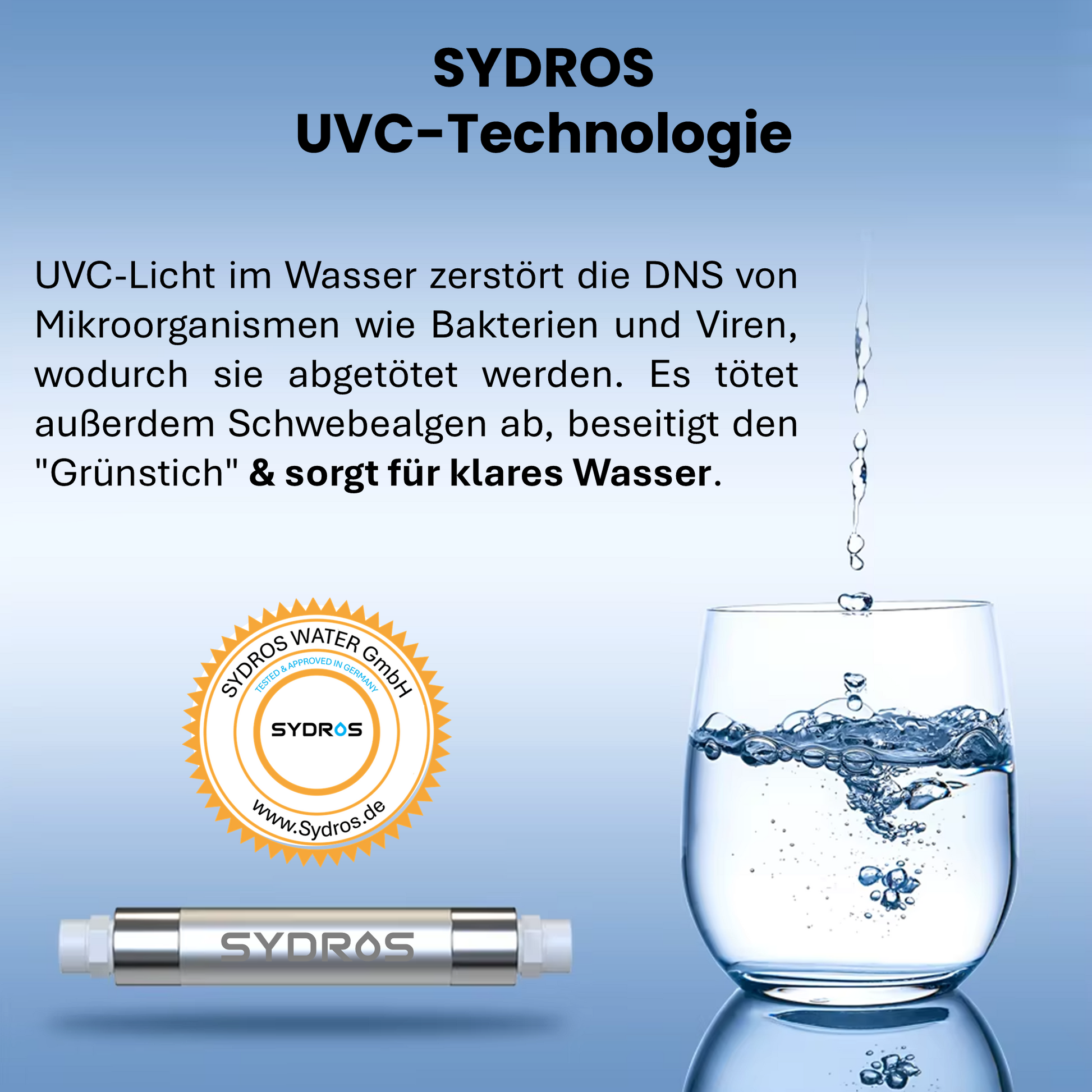 SYDROS UV-C Technologie erklärt: UVC-Licht tötet Bakterien, Viren und Algen ab, beseitigt Grünfärbung und sorgt für klares, sauberes Wasser.