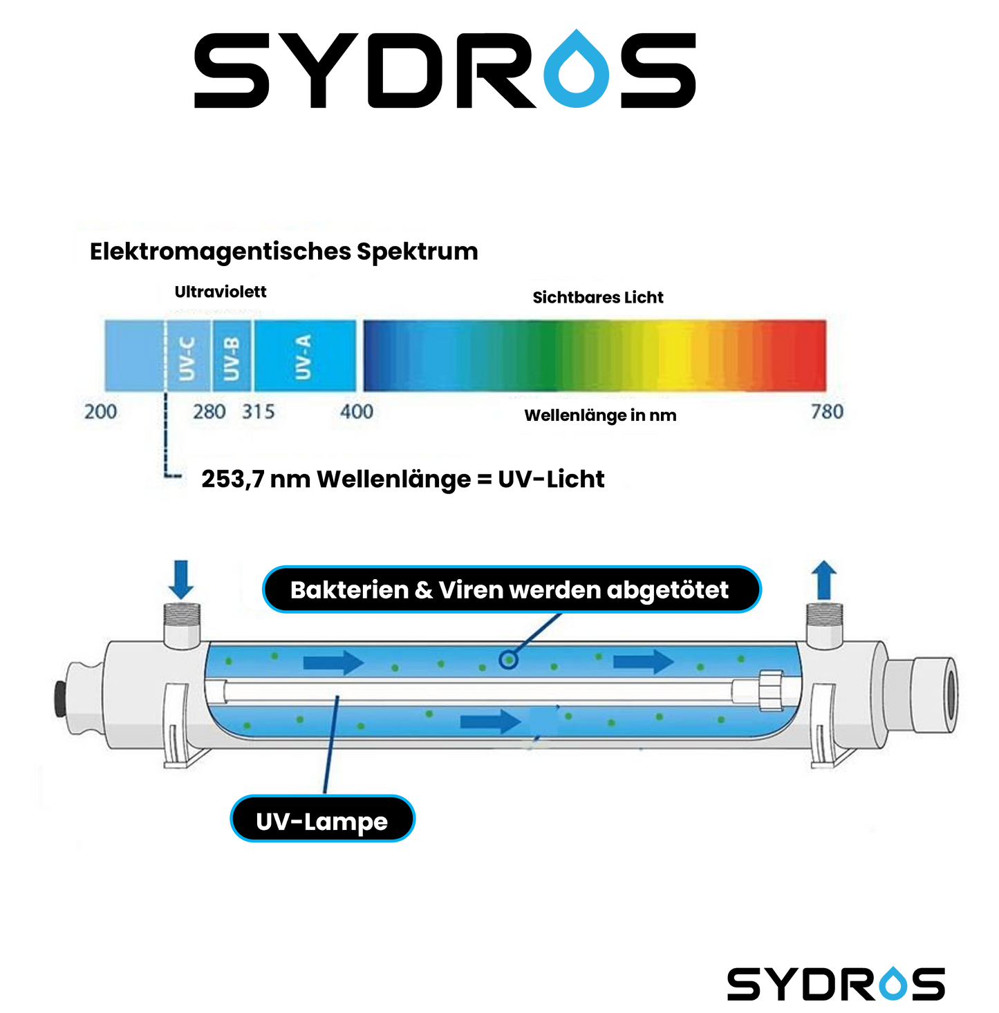 Darstellung der SYDROS UV-Lampe mit UV-C-Lichtspektrum und Wasserflussdiagramm, das zeigt, wie Bakterien und Viren durch 253,7 nm UV-Licht abgetötet werden.
