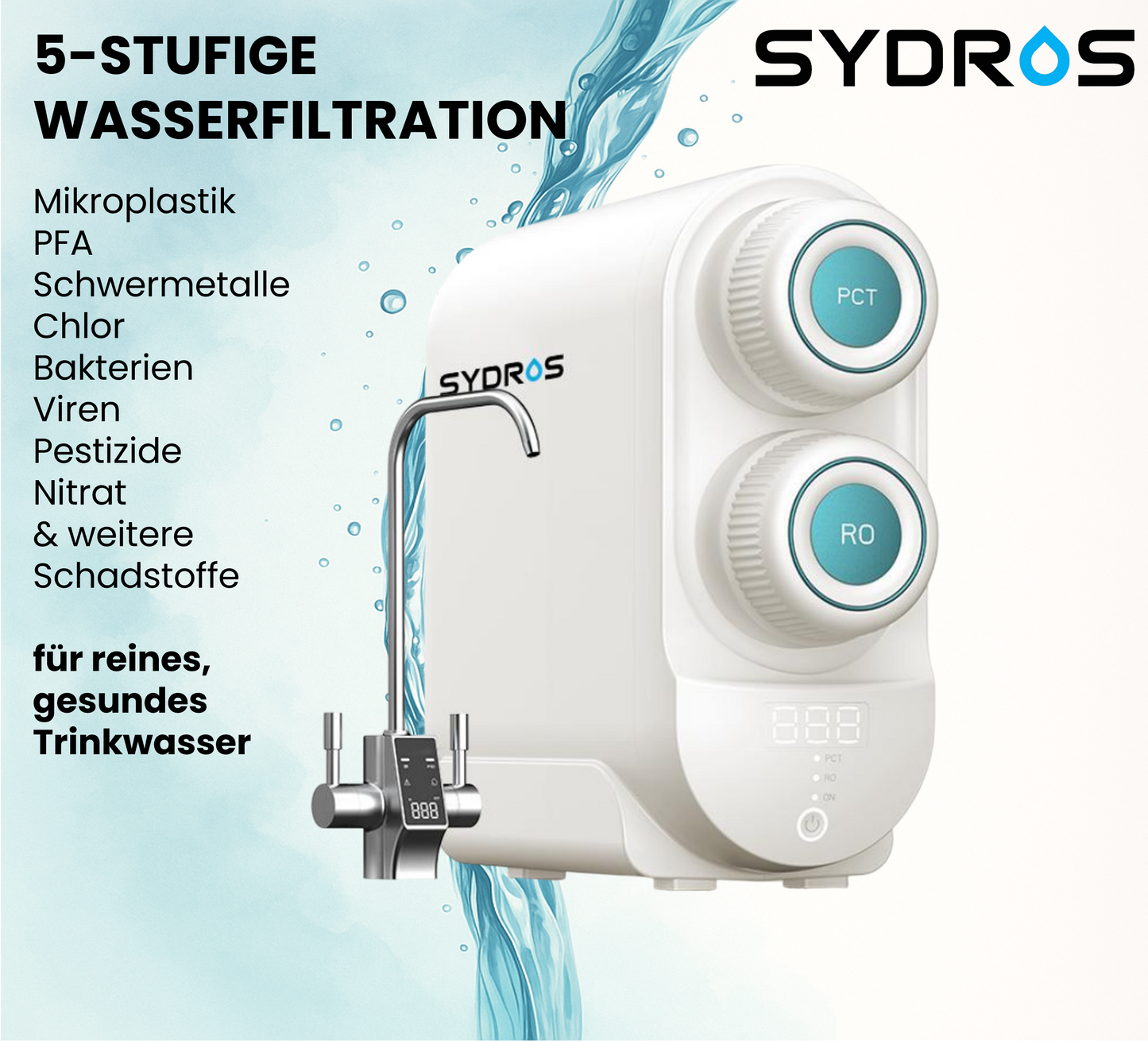 SYDROS Umkehrosmose 600 VITA 5-Stufen-System mit modernem Wasserhahn und digitaler Anzeige zur Entfernung von Mikroplastik, PFAS, Schwermetallen, Bakterien und weiteren Schadstoffen.