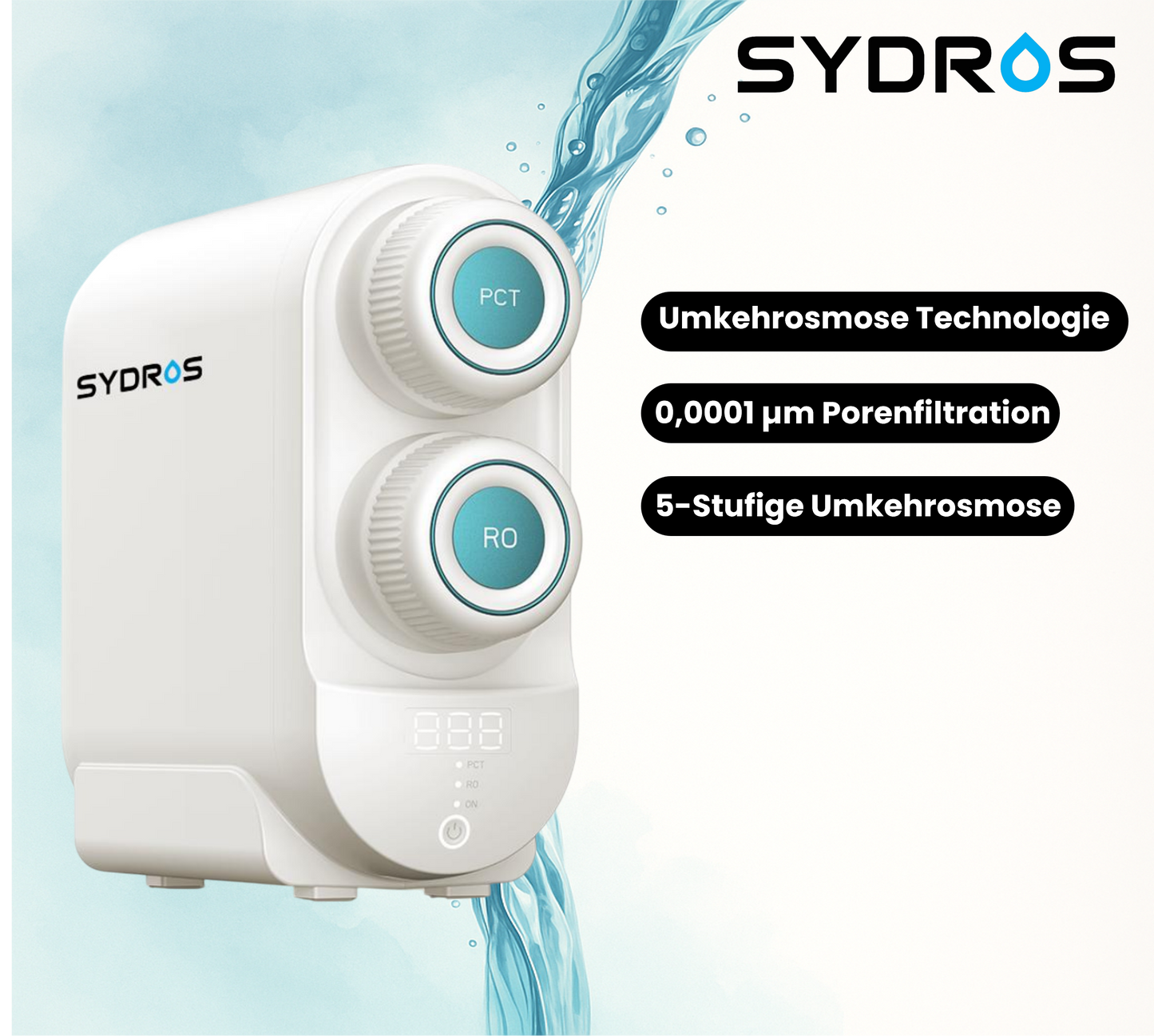 SYDROS Umkehrosmose 600 VITA mit 0,0001 µm Porenfiltration und 5-stufiger Umkehrosmose-Technologie für hochreine Trinkwasseraufbereitung.