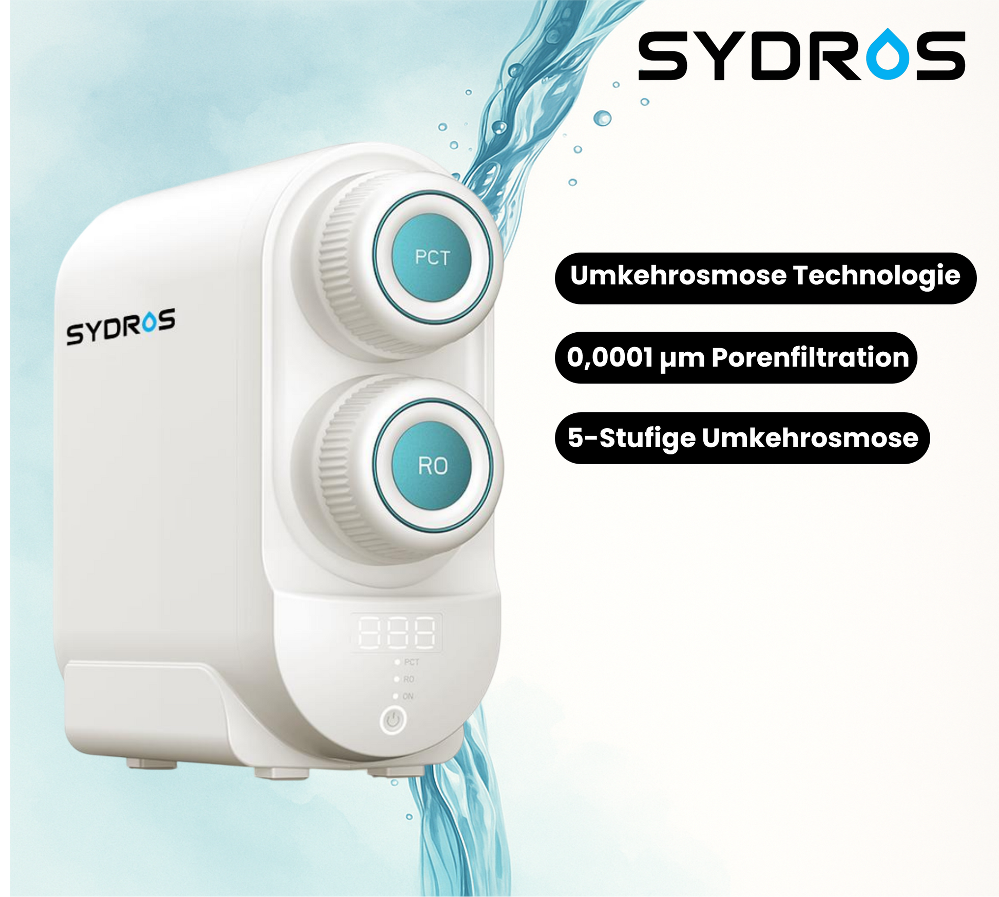 SYDROS Umkehrosmose 600 VITA mit 0,0001 µm Porenfiltration und 5-stufiger Umkehrosmose-Technologie für hochreine Trinkwasseraufbereitung.