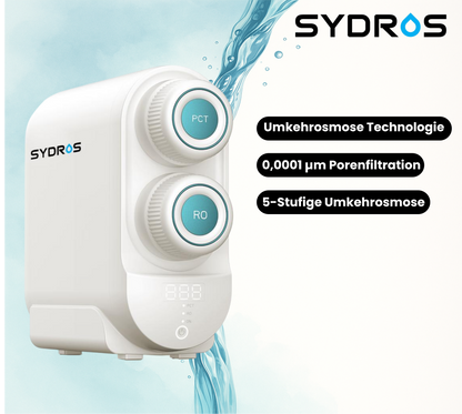 SYDROS Umkehrosmose 600 VITA mit 0,0001 µm Porenfiltration und 5-stufiger Umkehrosmose-Technologie für hochreine Trinkwasseraufbereitung.