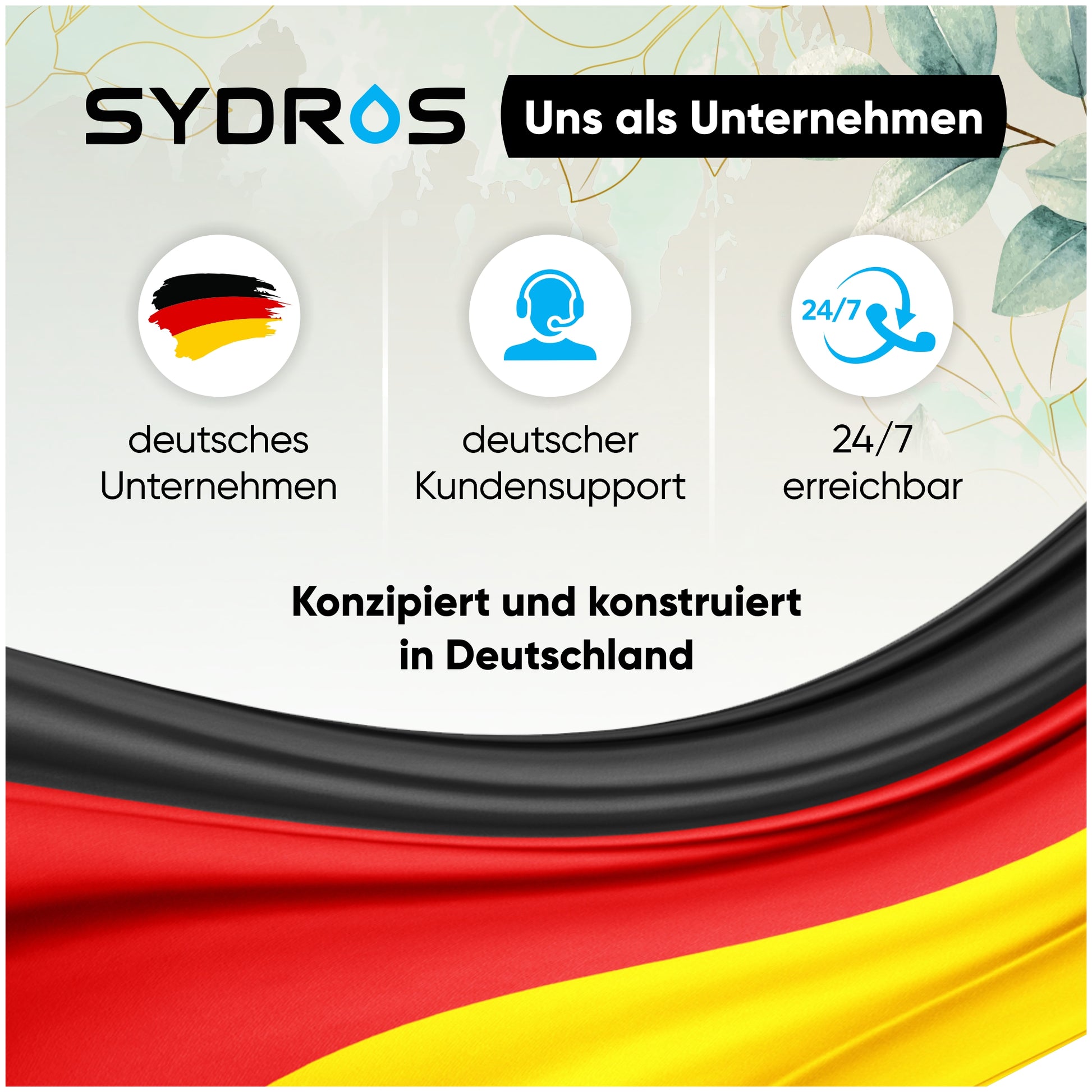 Darstellung des Unternehmens SYDROS mit deutschem Kundensupport, 24/7 Erreichbarkeit und Entwicklung in Deutschland.