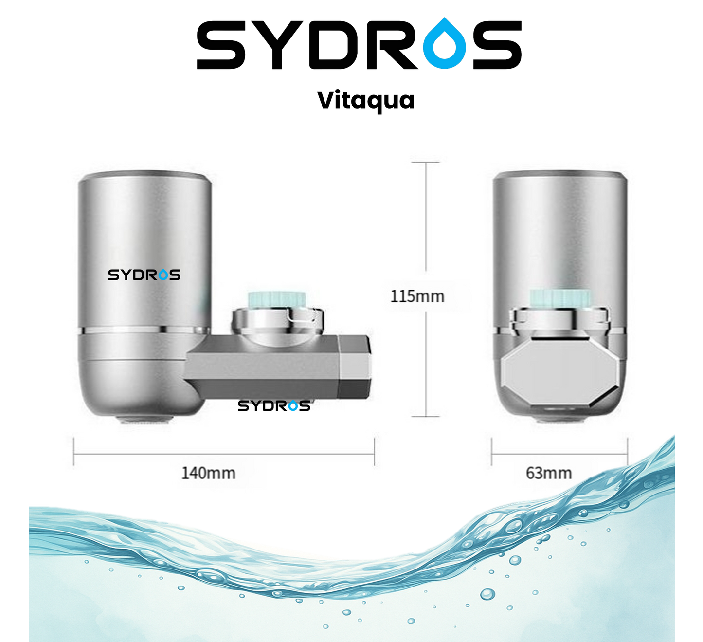 SYDROS Vitaqua Wasserhahnfilter mit kompaktem Design, Abmessungen 140 mm Länge, 115 mm Höhe und 63 mm Breite, aus hochwertigem Edelstahlgehäuse.