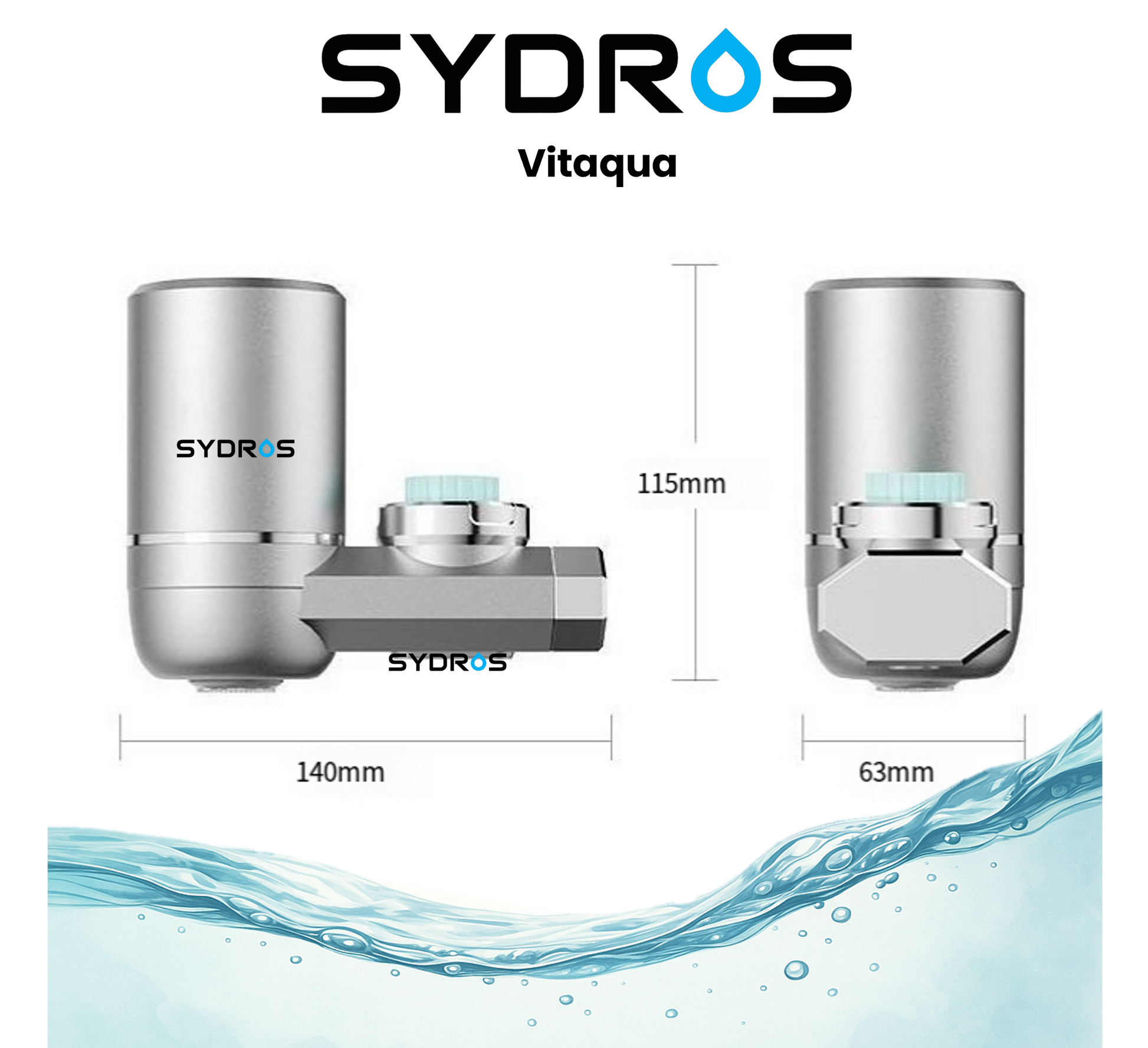 SYDROS Vitaqua Wasserhahnfilter mit kompaktem Design, Abmessungen 140 mm Länge, 115 mm Höhe und 63 mm Breite, aus hochwertigem Edelstahlgehäuse.
