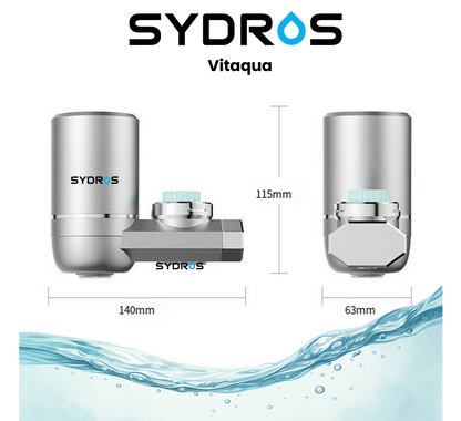 SYDROS Vitaqua Wasserhahnfilter mit kompaktem Design, Abmessungen 140 mm Länge, 115 mm Höhe und 63 mm Breite, aus hochwertigem Edelstahlgehäuse.
