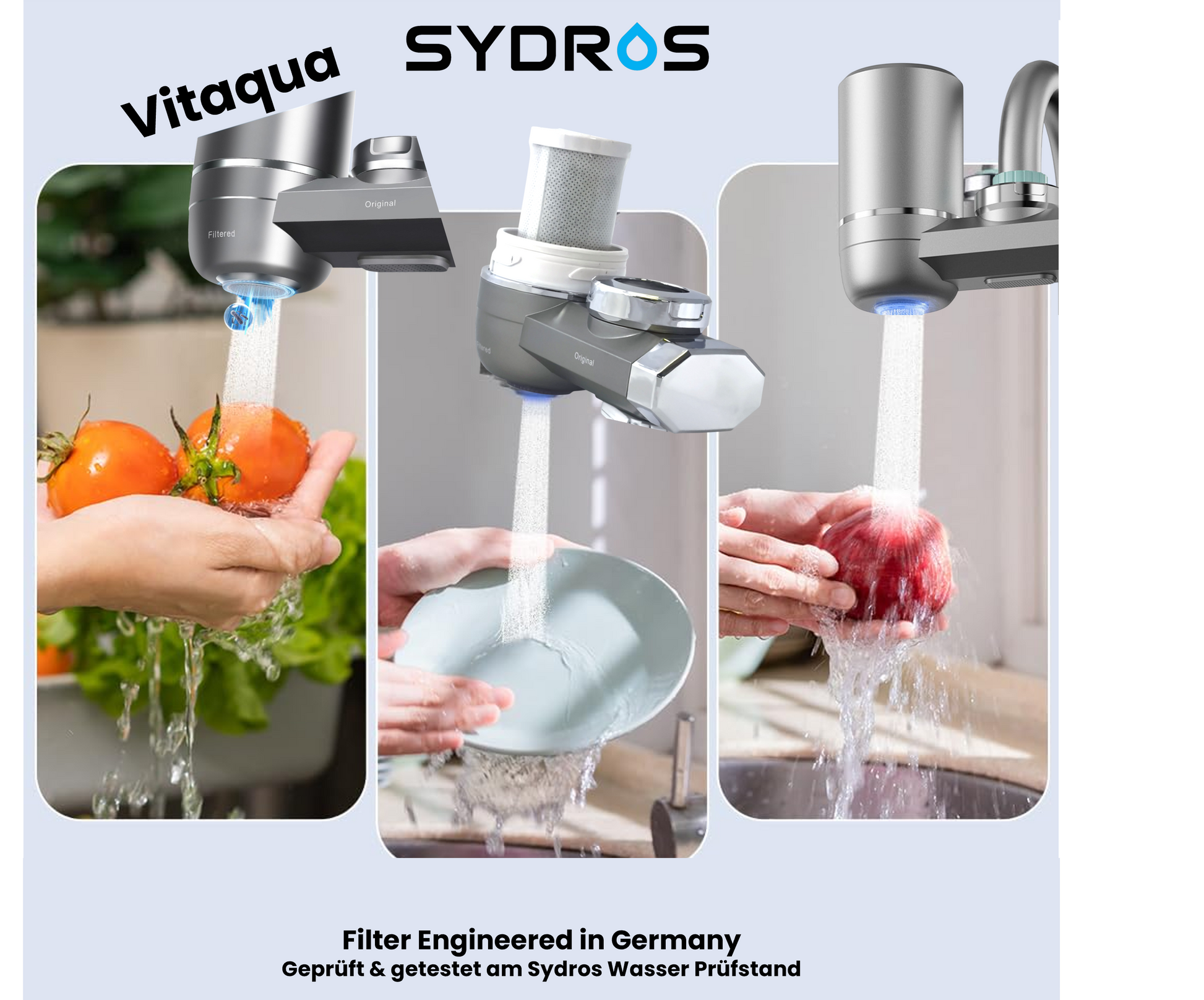 Anwendung des SYDROS Vitaqua Wasserhahnfilters beim Waschen von Obst, Geschirr und Lebensmitteln; geprüft und getestet am Sydros Wasser Prüfstand.