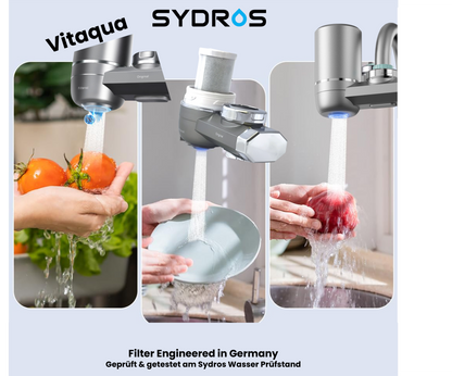 Anwendung des SYDROS Vitaqua Wasserhahnfilters beim Waschen von Obst, Geschirr und Lebensmitteln; geprüft und getestet am Sydros Wasser Prüfstand.