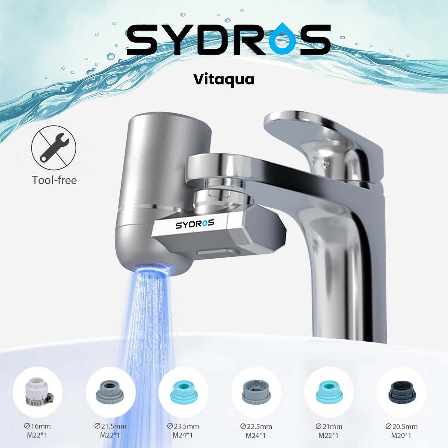 SYDROS Vitaqua Wasserhahnfilter mit werkzeugloser Installation und mehreren Adaptergrößen für verschiedene Wasserhähne, mit aktivierter UV-Filterfunktion.