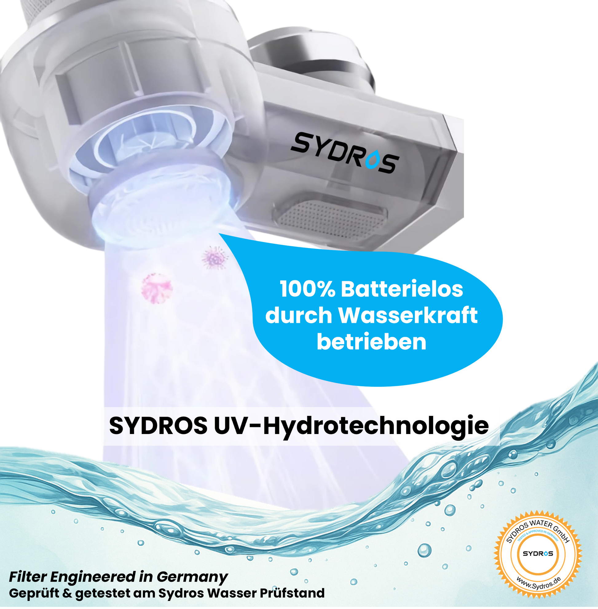 SYDROS Vitaqua Wasserhahnfilter mit UV-Hydrotechnologie, batterielos durch Wasserkraft betrieben, zur Entfernung von Bakterien und Viren, geprüft in Deutschland.