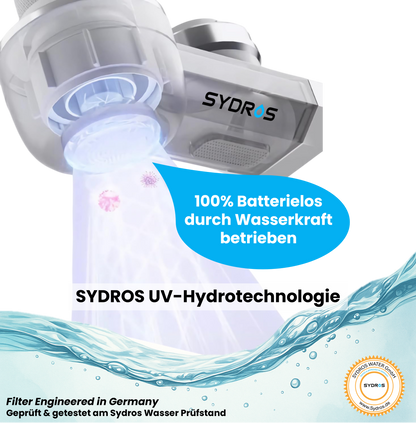 SYDROS Vitaqua Wasserhahnfilter mit UV-Hydrotechnologie, batterielos durch Wasserkraft betrieben, zur Entfernung von Bakterien und Viren, geprüft in Deutschland.