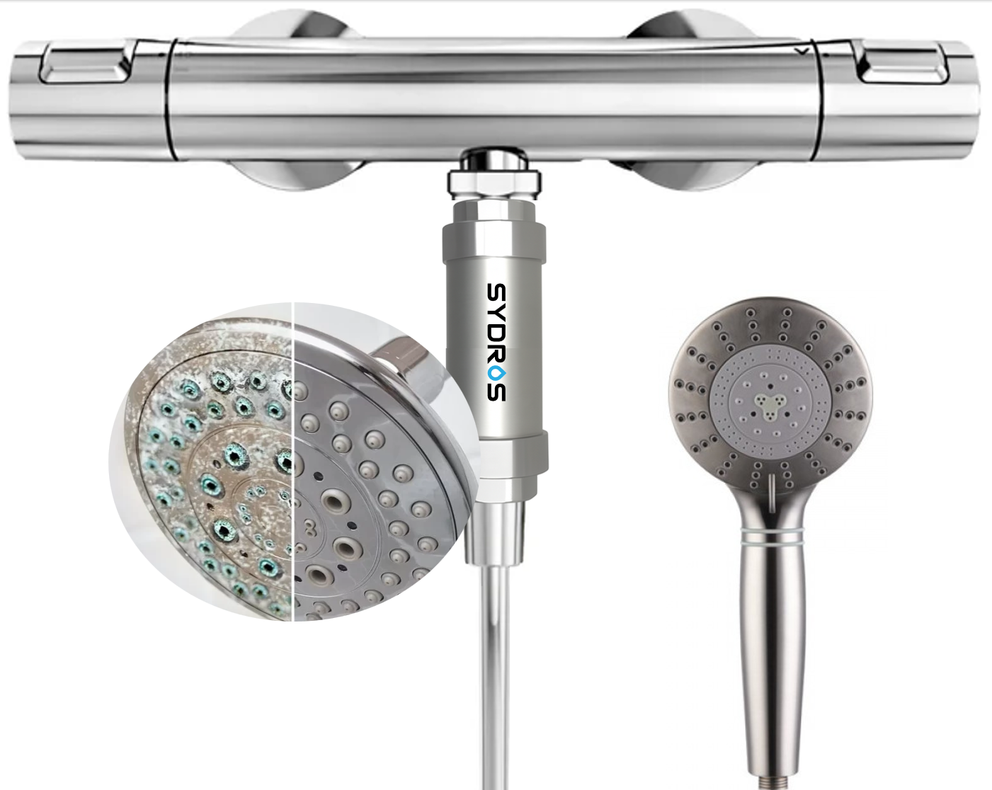 Sydros Duschfilter reduziert Kalkablagerungen sichtbar und schützt Duschkopf und Haut durch die innovative Kalkschutz-Technologie.