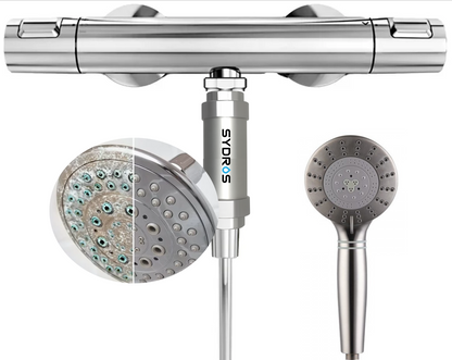 Sydros Duschfilter reduziert Kalkablagerungen sichtbar und schützt Duschkopf und Haut durch die innovative Kalkschutz-Technologie.