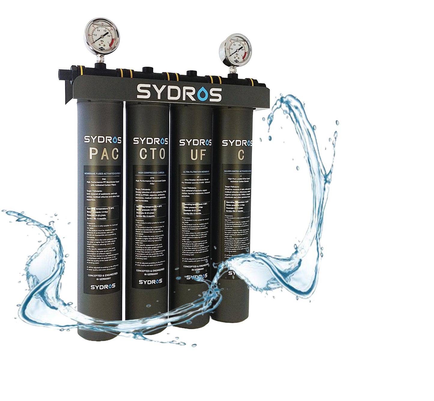 Sydros industrielles 4-Stufen-Filtersystem mit PAC-, CTO-, UF- und C-Kartuschen für Hochleistungs-Wasserfiltration in Edelstahlgehäusen.