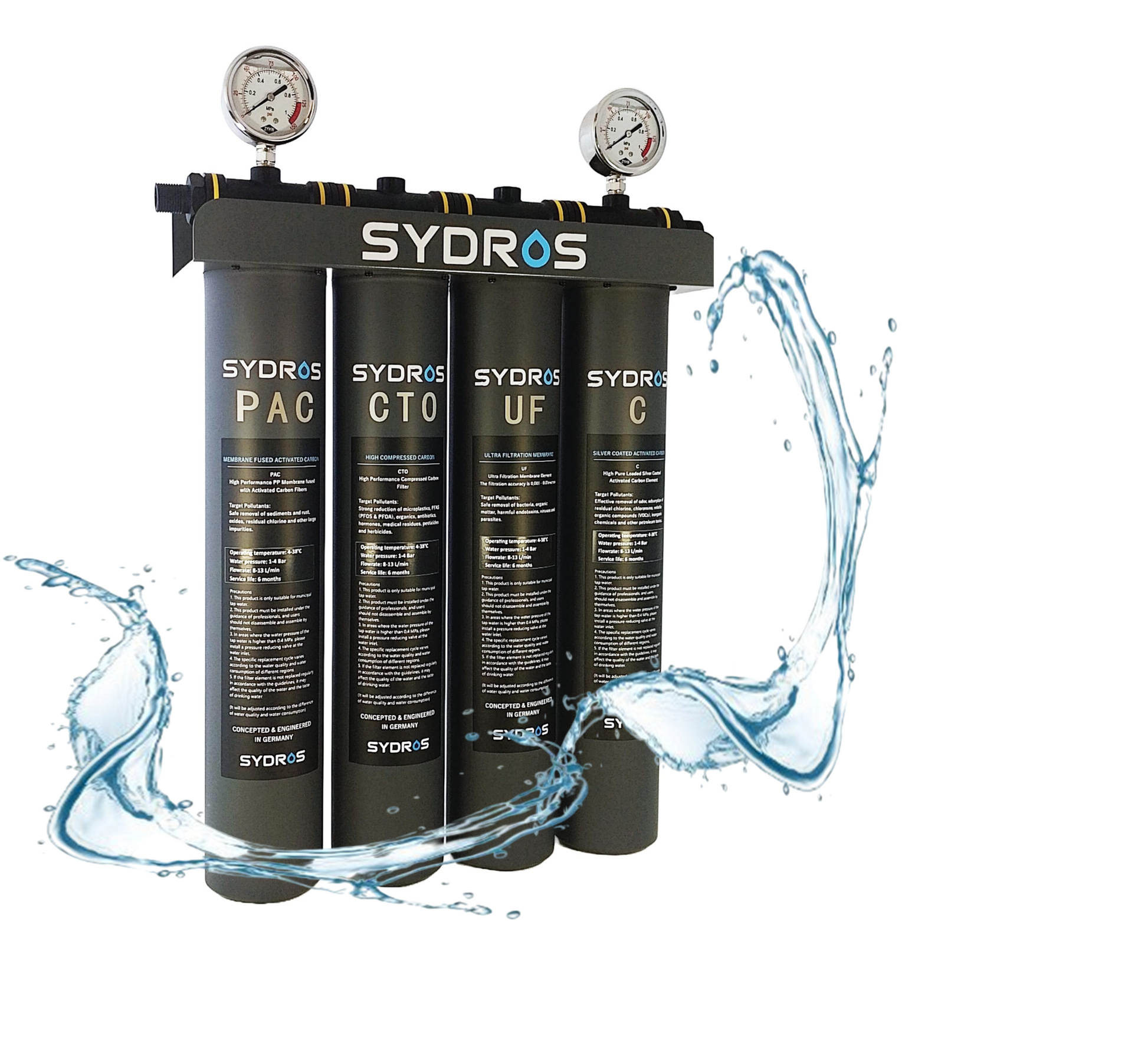 Sydros industrielles 4-Stufen-Filtersystem mit PAC-, CTO-, UF- und C-Kartuschen für Hochleistungs-Wasserfiltration in Edelstahlgehäusen.