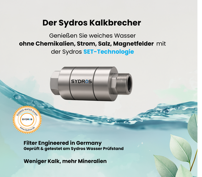 Sydros Kalkbrecher mit chemiefreier SET-Technologie für weicheres Wasser ohne Strom, Salz oder Magnetfelder – geprüft und getestet in Deutschland.