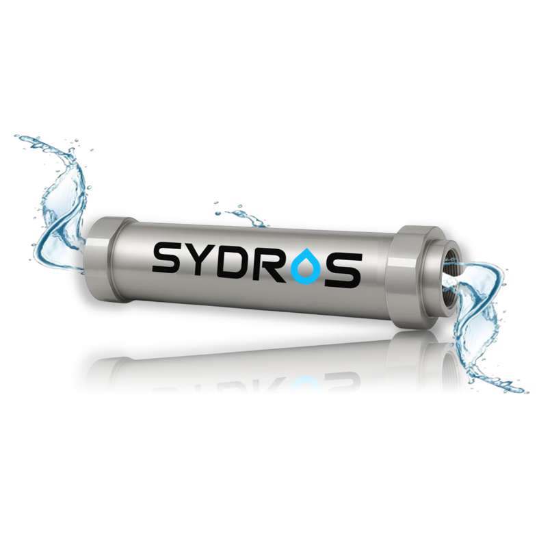 Sydros Kalkschutzfilter aus Edelstahl mit SET-Technologie zur chemiefreien Reduzierung von Kalkablagerungen im Wasser.
