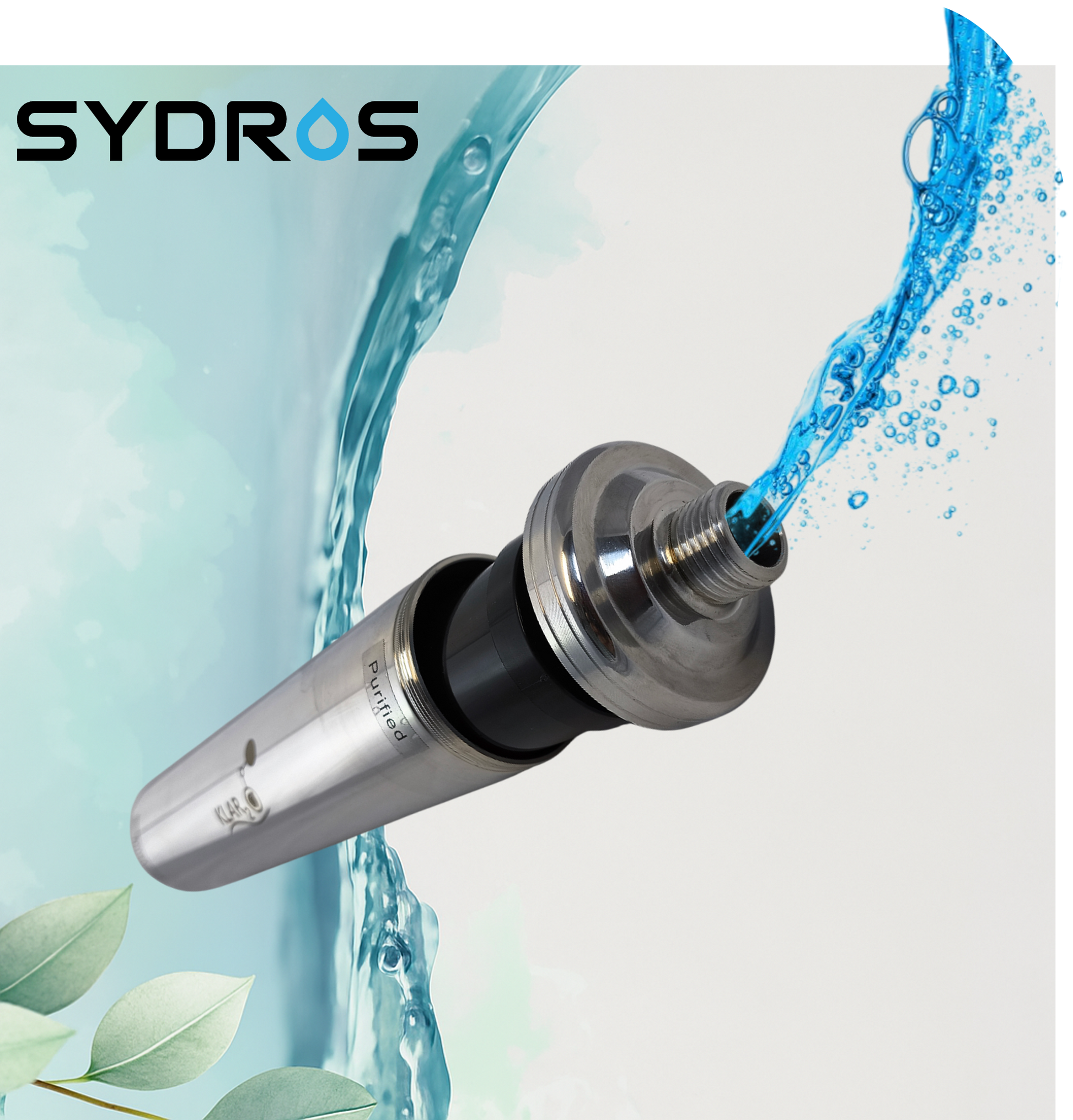 Sydros Klar2O Edelstahlfilter mit aktivem Wasserfluss und innovativer Smart Surface Technologie für reine Trinkwasserfiltration.