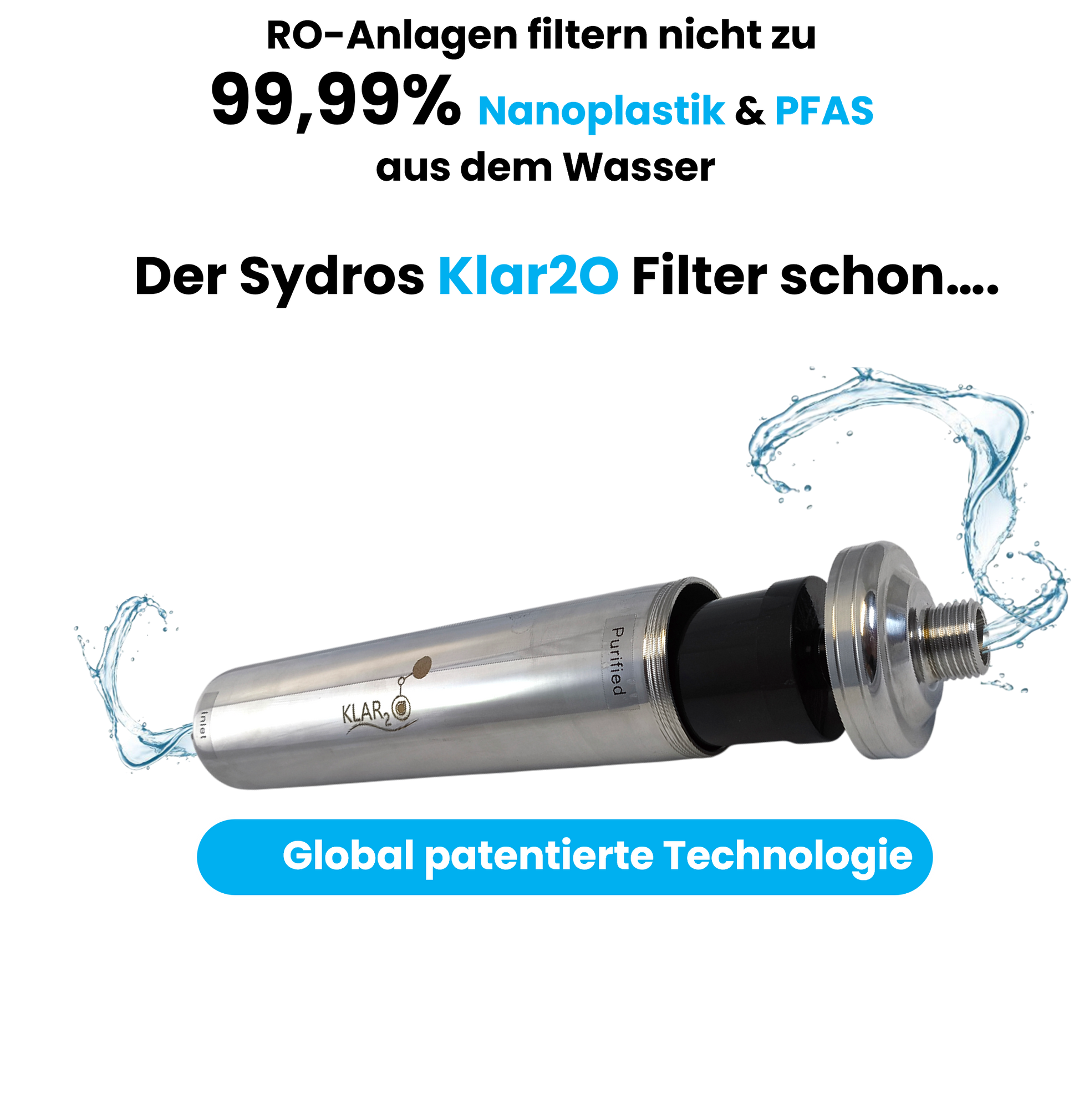 Sydros Klar2O Wasserfilter mit global patentierter Technologie zur Entfernung von Nanoplastik und PFAS aus Trinkwasser.