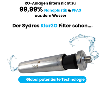 Sydros Klar2O Wasserfilter mit global patentierter Technologie zur Entfernung von Nanoplastik und PFAS aus Trinkwasser.