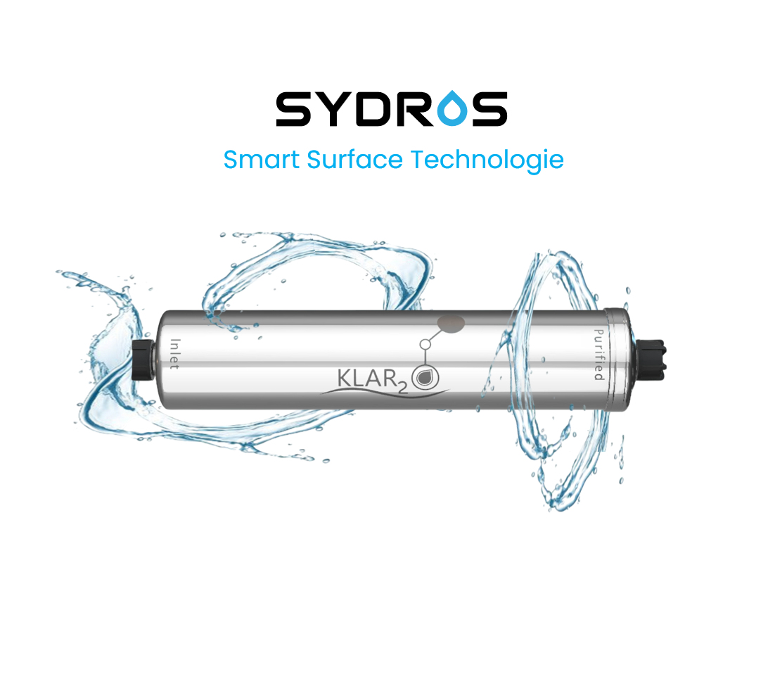Sydros Klar2O Filter mit Smart Surface Technologie zur Adsorption von Nanoplastik und PFAS im Edelstahlgehäuse.