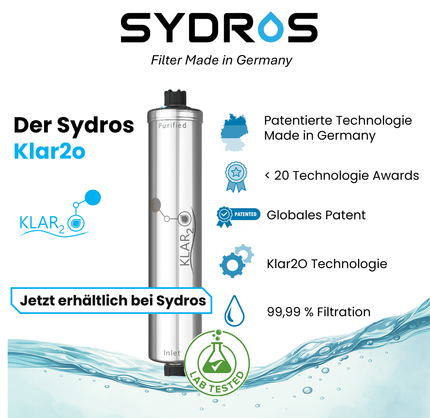 Sydros Klar2O Wasserfilter – patentierte, laborgeprüfte Technologie zur Entfernung von PFAS und Mikroplastik, hergestellt in Deutschland.