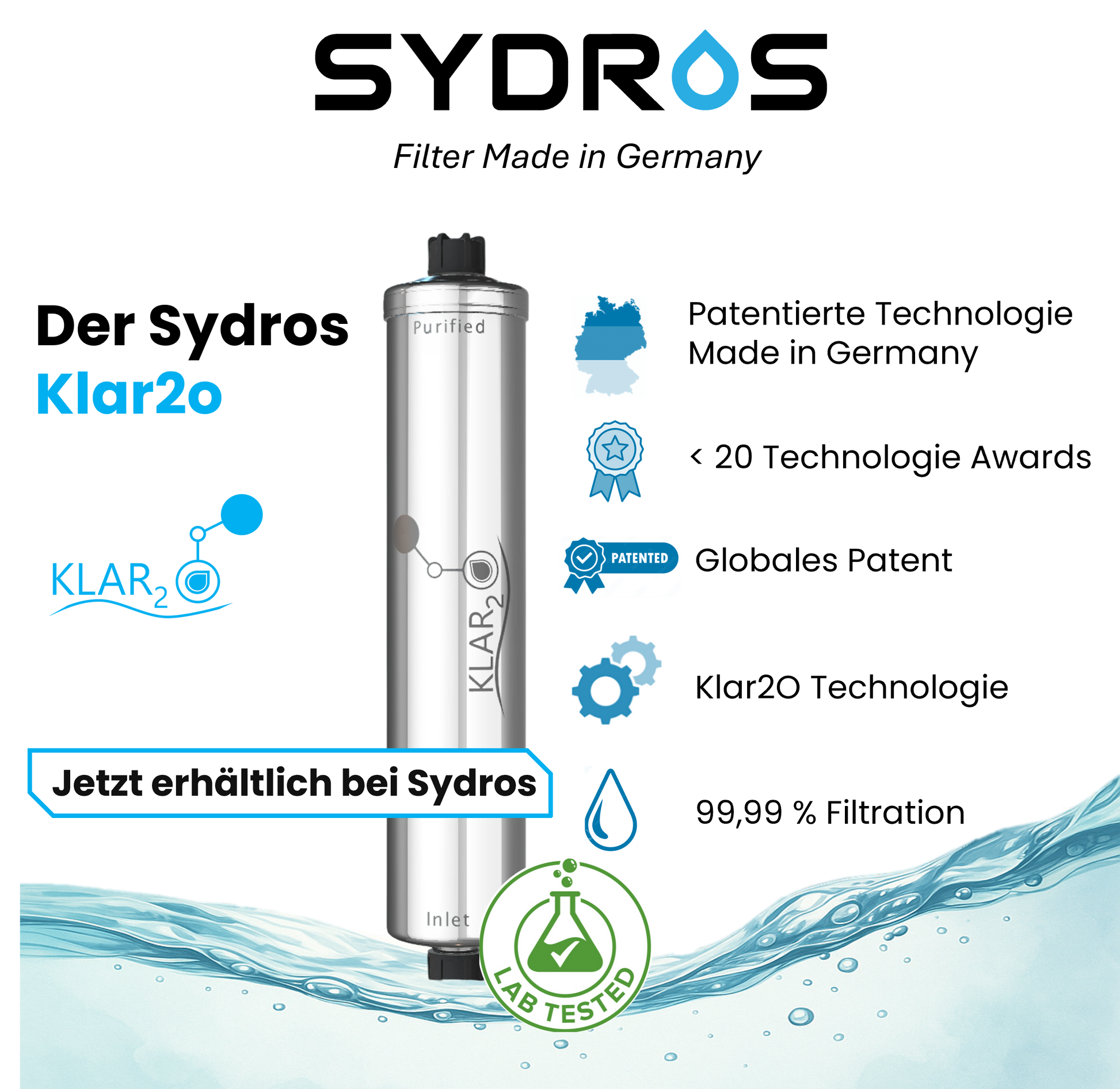 Sydros Klar2O Wasserfilter – patentierte, laborgeprüfte Technologie zur Entfernung von PFAS und Mikroplastik, hergestellt in Deutschland.