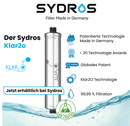 Sydros Klar2O Wasserfilter – patentierte, laborgeprüfte Technologie zur Entfernung von PFAS und Mikroplastik, hergestellt in Deutschland.