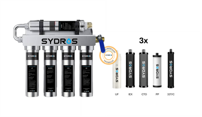 Sydros Optimus 3x Edelstahl-Filtersystem mit drei Filterkartuschen für effektive Wasseraufbereitung und Entfernung von Schadstoffen.