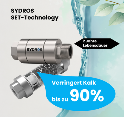 Sydros Kalkbrecher mit SET-Technologie reduziert Kalkablagerungen um bis zu 90 % und hat eine Lebensdauer von 2 Jahren.
