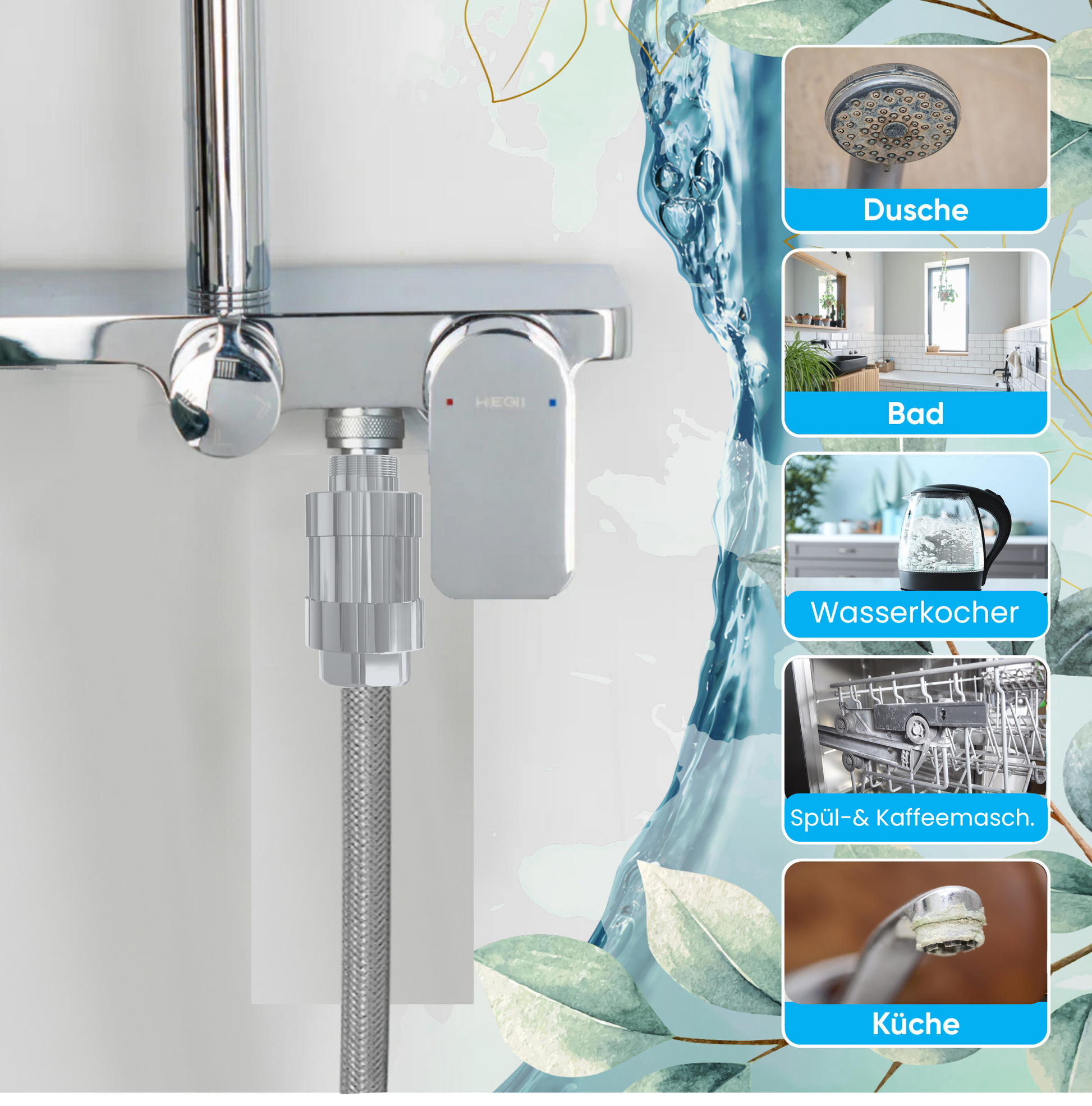 SYDROS Kalkschutzfilter am Wasserhahn mit Anwendungsbeispielen für Dusche, Bad, Wasserkocher, Spül- und Kaffeemaschine sowie Küche