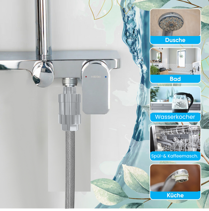 SYDROS Kalkschutzfilter am Wasserhahn mit Anwendungsbeispielen für Dusche, Bad, Wasserkocher, Spül- und Kaffeemaschine sowie Küche