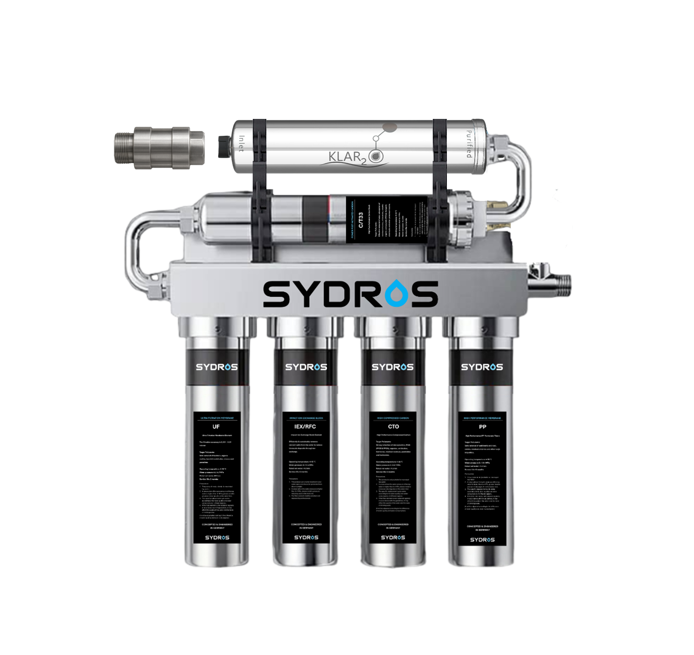 Produktgrafik des SYDROS Optimus 6-Stufen-Filters mit patentiertem Klar2O Medium, Logos von Sydros und Klar2O, zentral platziertem Filtersystem und stilisierter Wasserwelle im unteren Bildbereich.