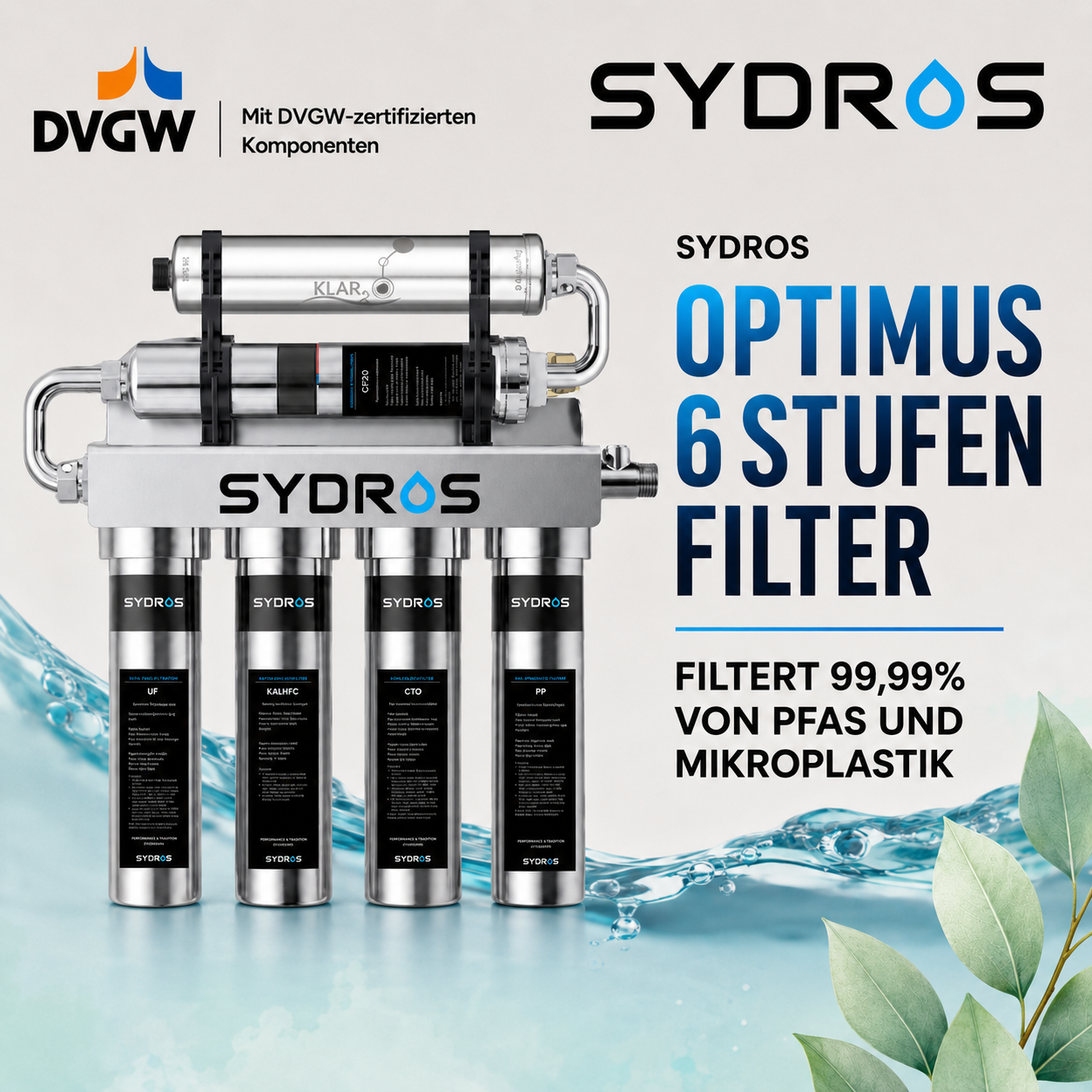 SYDROS Optimus 6-Stufen-Filter mit DVGW-zertifizierten Komponenten zur Filtration von PFAS und Mikroplastik im Trinkwasser