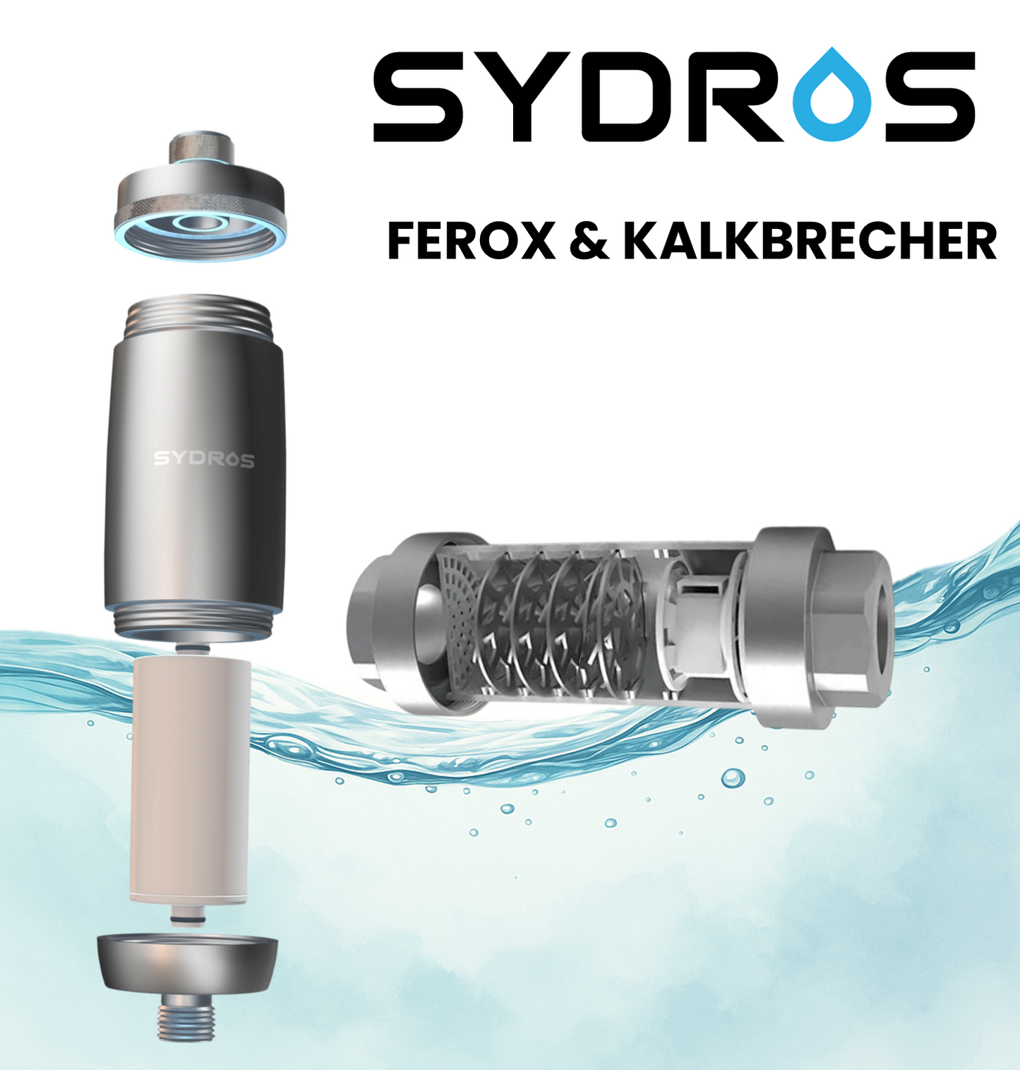 SYDROS FER0X Wasserfiltersystem in Explosionsdarstellung kombiniert mit SYDROS Kalkbrecher für effektive Trinkwasserfiltration und Kalkschutz