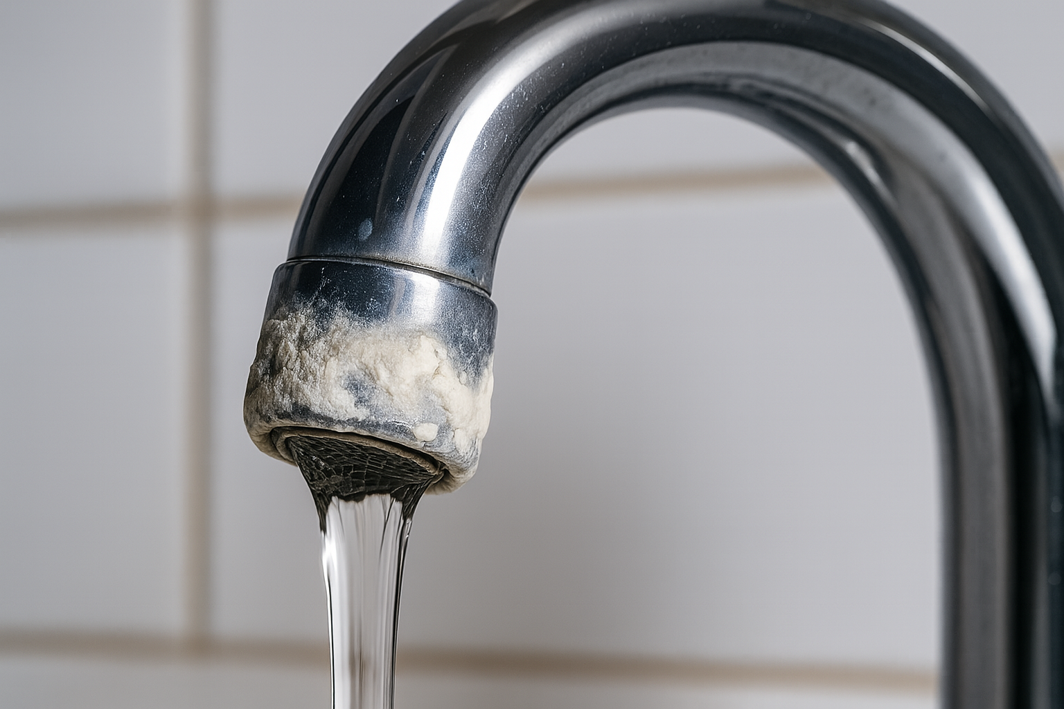 Kalkablagerungen an einem Wasserhahn als Folge von hartem Leitungswasser und fehlendem Kalkschutz