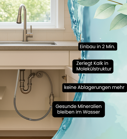 Untertisch-Installation eines SYDROS Kalkschutzfilters mit Hinweisen auf schnelle Montage, Kalkumwandlung und Erhalt natürlicher Mineralien im Trinkwasser