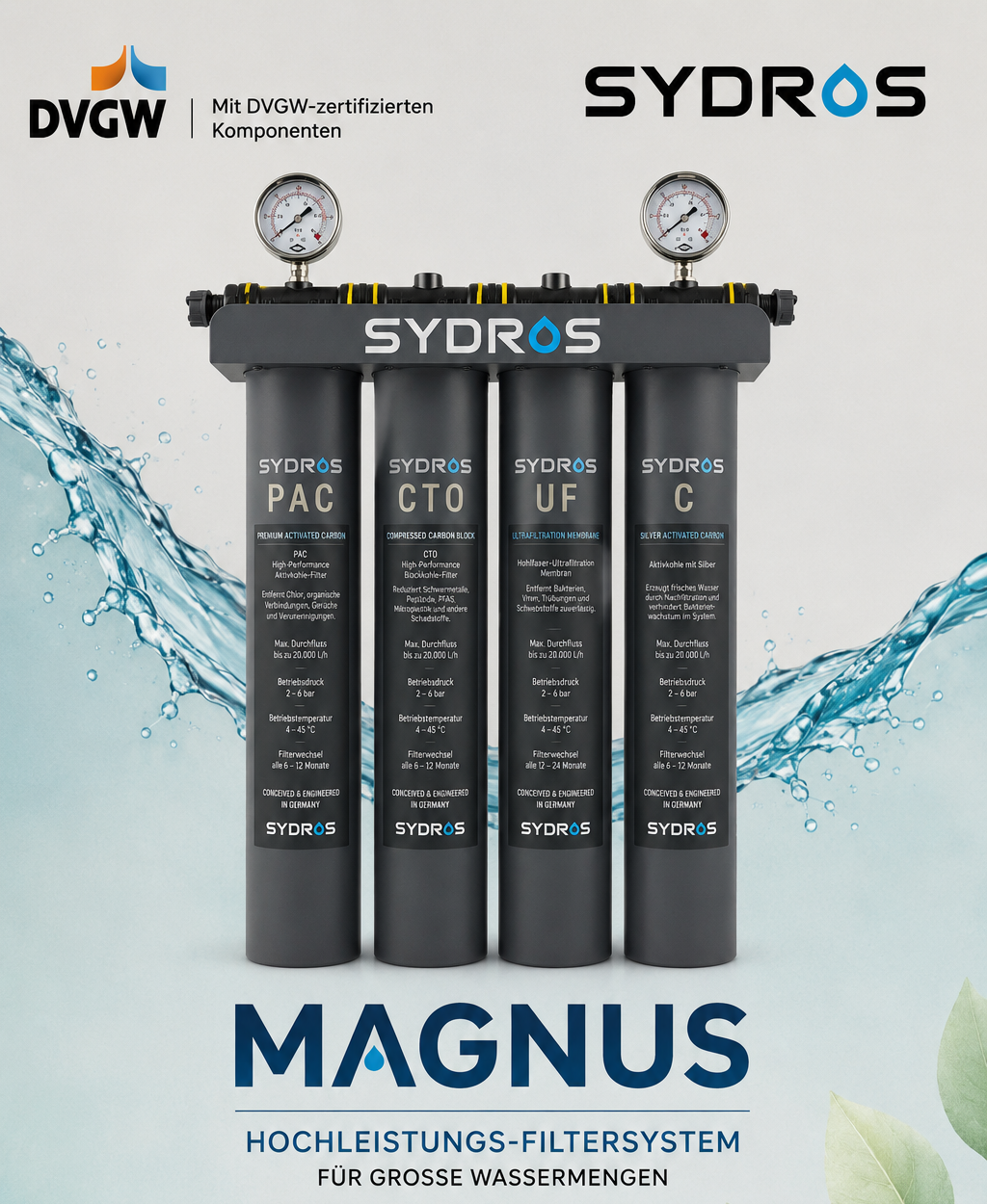SYDROS MAGNUS Mehrstufen-Filtersystem mit vier Filterkartuschen und Manometern für hohe Wasserdurchflussmengen