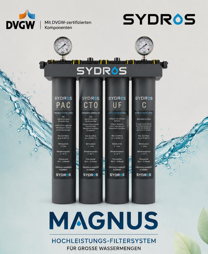 SYDROS MAGNUS Mehrstufen-Filtersystem mit vier Filterkartuschen und Manometern für hohe Wasserdurchflussmengen