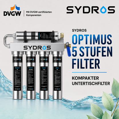 SYDROS Optimus 5-Stufen-Filter mit DVGW-zertifizierten Komponenten als kompakter Untertischfilter für die Trinkwasserfiltration