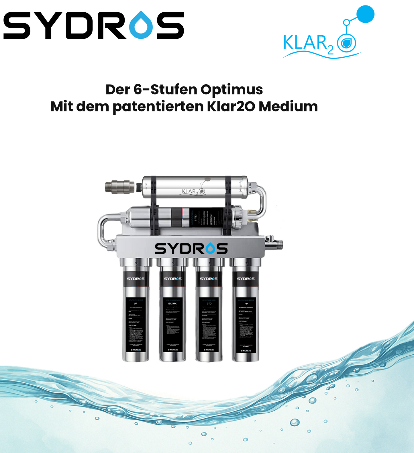 SYDROS Optimus 6-Stufen-Wasserfiltersystem mit patentiertem Klar2O Medium, dargestellt vor hellem Hintergrund mit Sydros- und Klar2O-Logo sowie Wasserwelle im unteren Bildbereich.