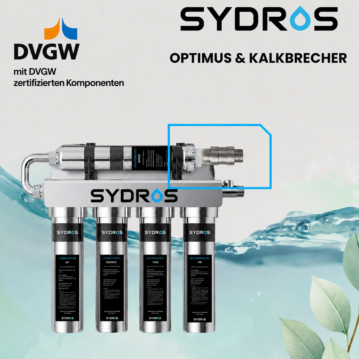 SYDROS Optimus Wasserfiltersystem mit integriertem Kalkbrecher und DVGW-zertifizierten Komponenten