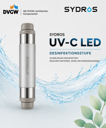 SYDROS UV-C LED Desinfektionsstufe mit DVGW-zertifizierten Komponenten zur Reduzierung von Bakterien, Keimen und Mikroorganismen im Wasser