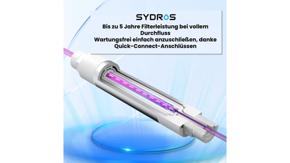 Schnittdarstellung eines SYDROS UVC-Wasserfilters mit sichtbarem Innenaufbau, Flussrichtung des Wassers und Hinweis auf wartungsfreien Betrieb sowie Quick-Connect-Anschlüsse
