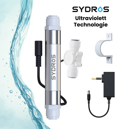 Schnittdarstellung eines SYDROS UVC-Wasserfilters mit integrierter UVC-Technologie, sichtbarem Innenaufbau und visualisierter Wasserflussrichtung